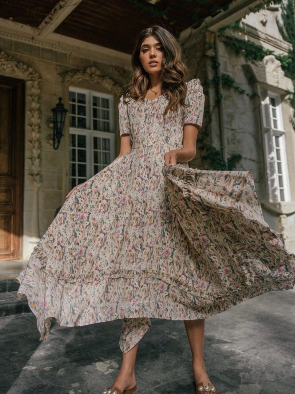 JessaKae FairFax Cream Floral Puff-Sleeve Midi Dress